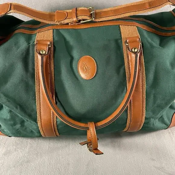 Vintage Ralph Lauren Polo Green Canvas Large Duffle Bag Weekend Travel Carry On - Picture 2 of 12